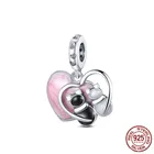 Подвеска для пар кошек, розовое сердце, фианиты, подходят для оригинального браслета, ювелирные изделия сделай сам, серебряные аксессуары, Изящные Ювелирные изделия, подарок
