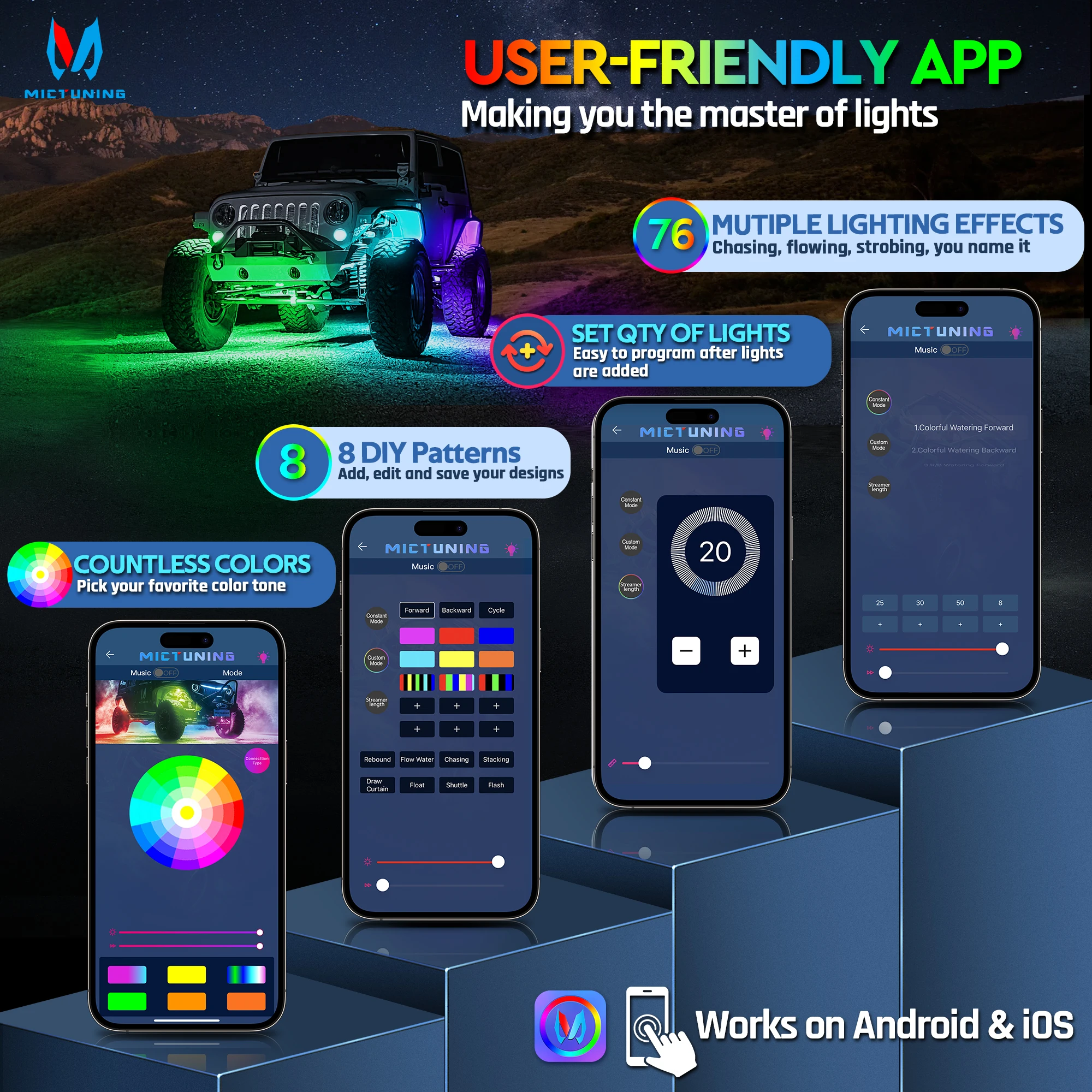 MICTUNING C2 RGBIC LED Rock Lights Kit 10-струльный комплект освещения подсветки с беспроводным