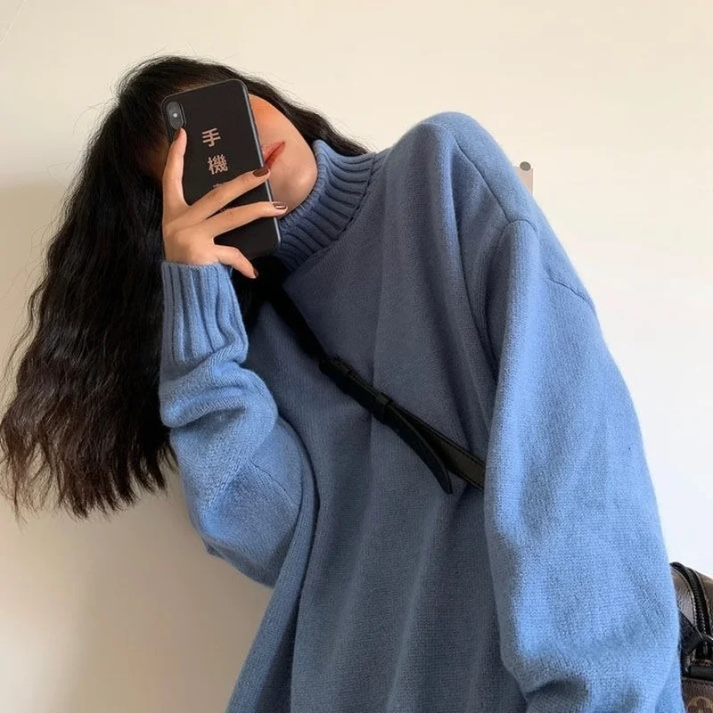 

Women's knitting wool high neck pullover 2022 winter solid loose knit coat youth winter thickened warm top college style sweater