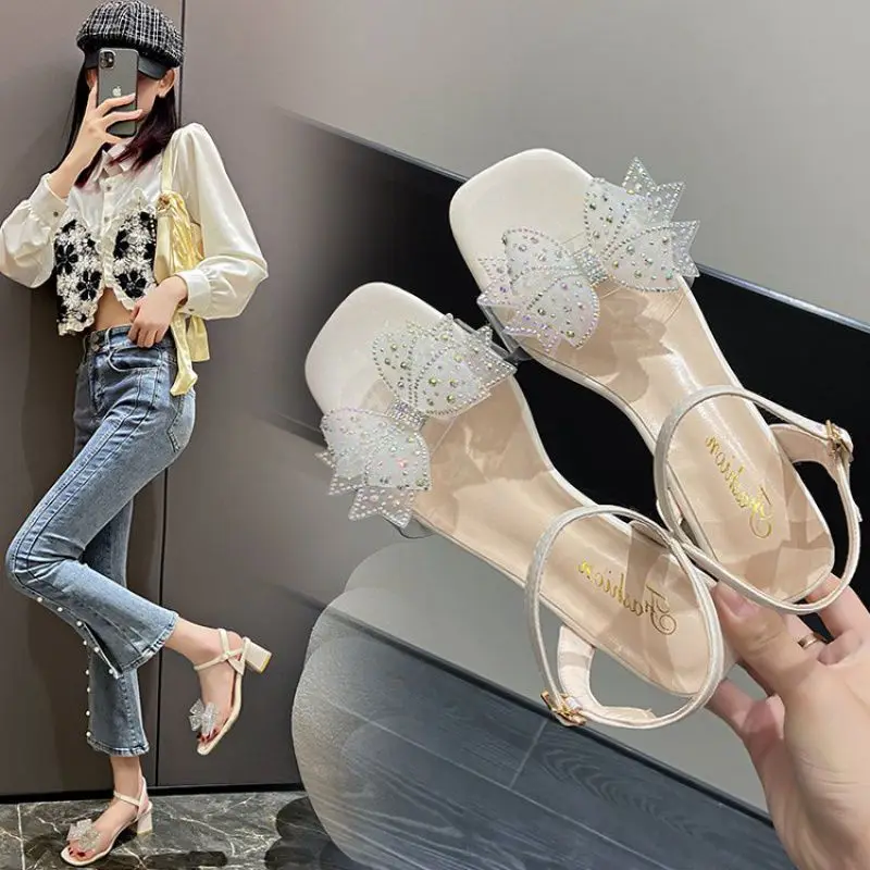 Summer Women French Rhinestone Bow Thick With Transparent Joker Sandals.