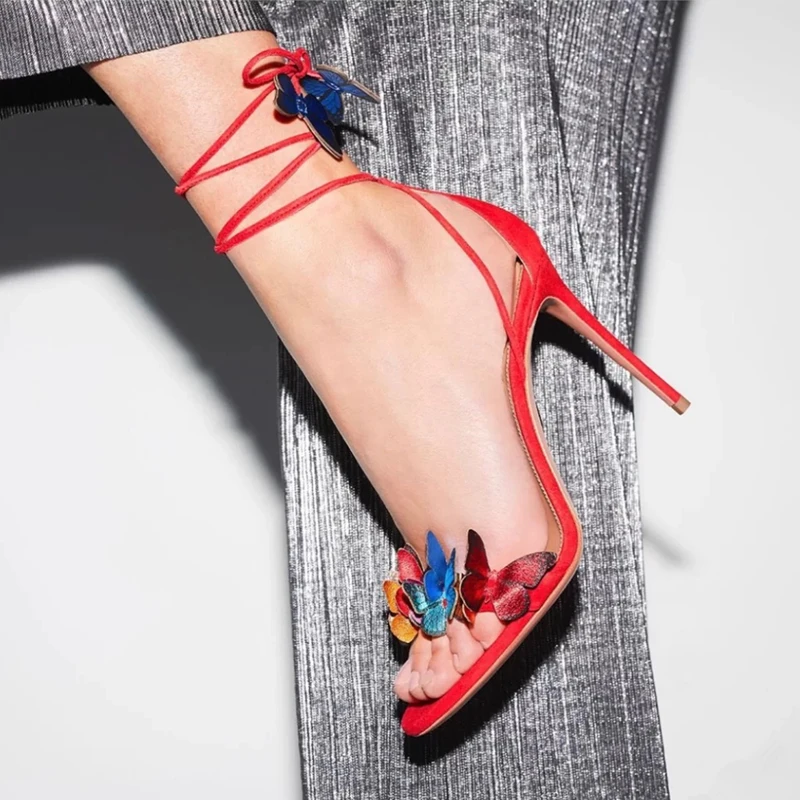 

UVRCOS Green Yellow Butterfly Sandals Back Lace Up Blue Red Thin High Heel Shoes Summer Shoes For Women Stilettos Sandals