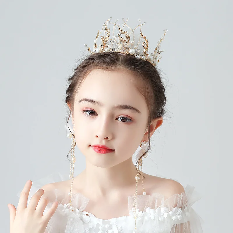 

Girls Crystal Crowns for Children Girls Pearls Tiaras Diadems Kids Wedding Hair Accessories Bridal Jewelry Matching Dress