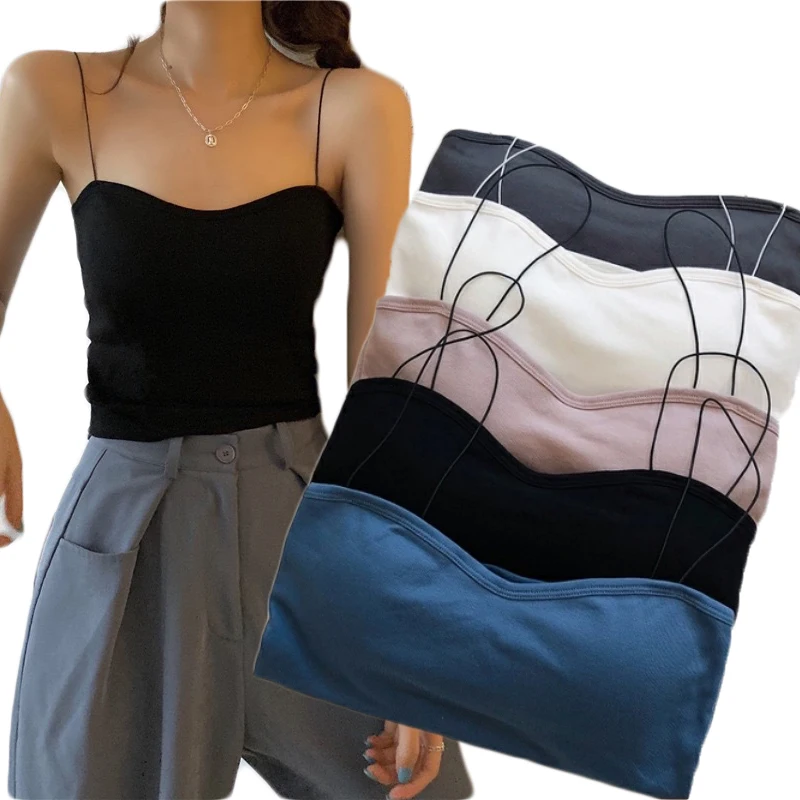 

2022 Модные женские Клубные укороченные топы, однотонные майки без рукавов на бретельках, укороченный топ без косточек, бюстгальтер без косто...