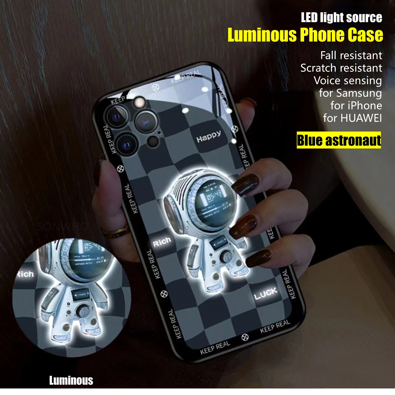 

Luxury Astronaut LED Luminous Phone Case for iPhone 14 12 13 Pro Max Samsung S21 S22 Plus Ultra Voice Sensing Light for Party