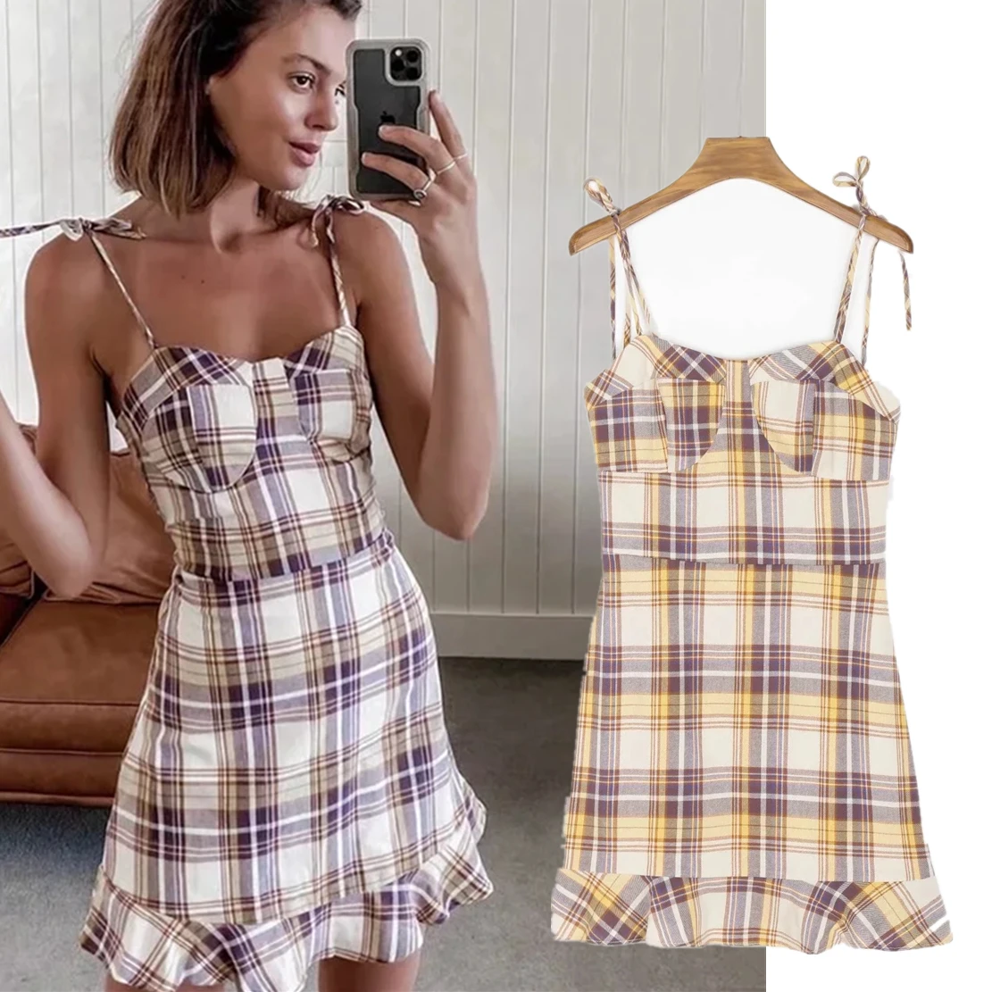 

Женское винтажное клетчатое мини-платье Jenny & Dave, летнее платье в стиле Инди на тонких бретельках с оборками, 2022