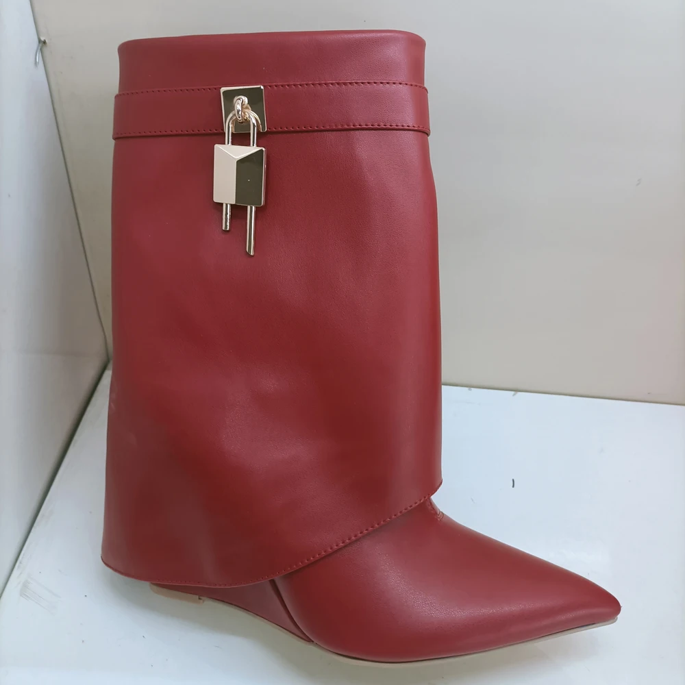 Black Fold Knee Women High Heel Boots Shark Lock Decor Women Wedge Heel Boots Pointed Toe Big Size Long Boots Mujer Chaussures