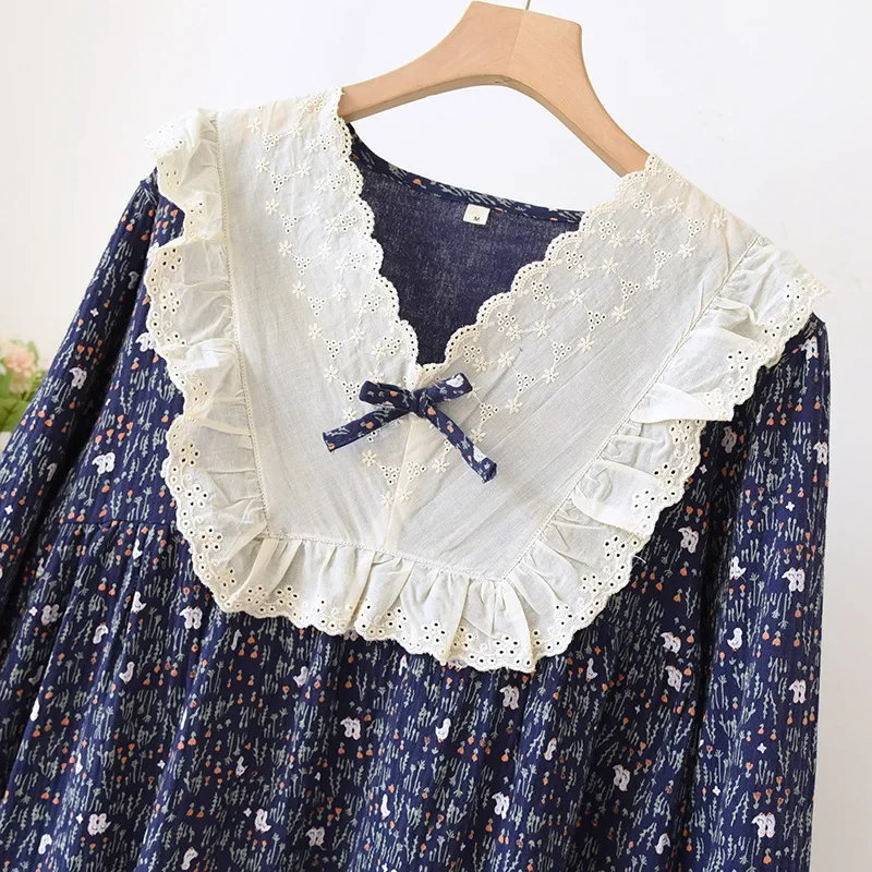 Женская хлопковая ночная рубашка с длинным рукавом простой двухслойный газовый