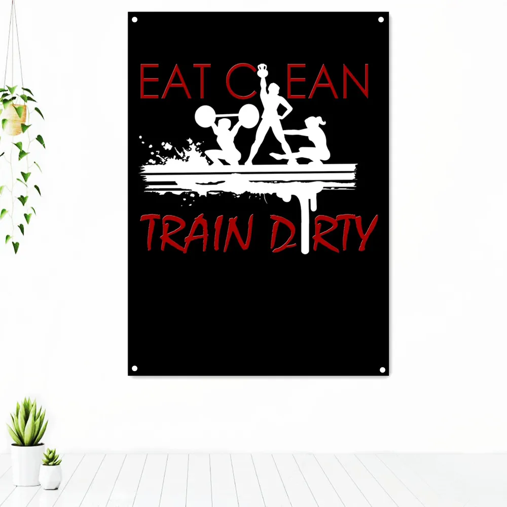 

EAT CEAN TRAIN DRTY Fitness Workout Tapestry Wall Hanging Painting Exercise Motivational Poster Wall Art Banner Flag Gym Decor
