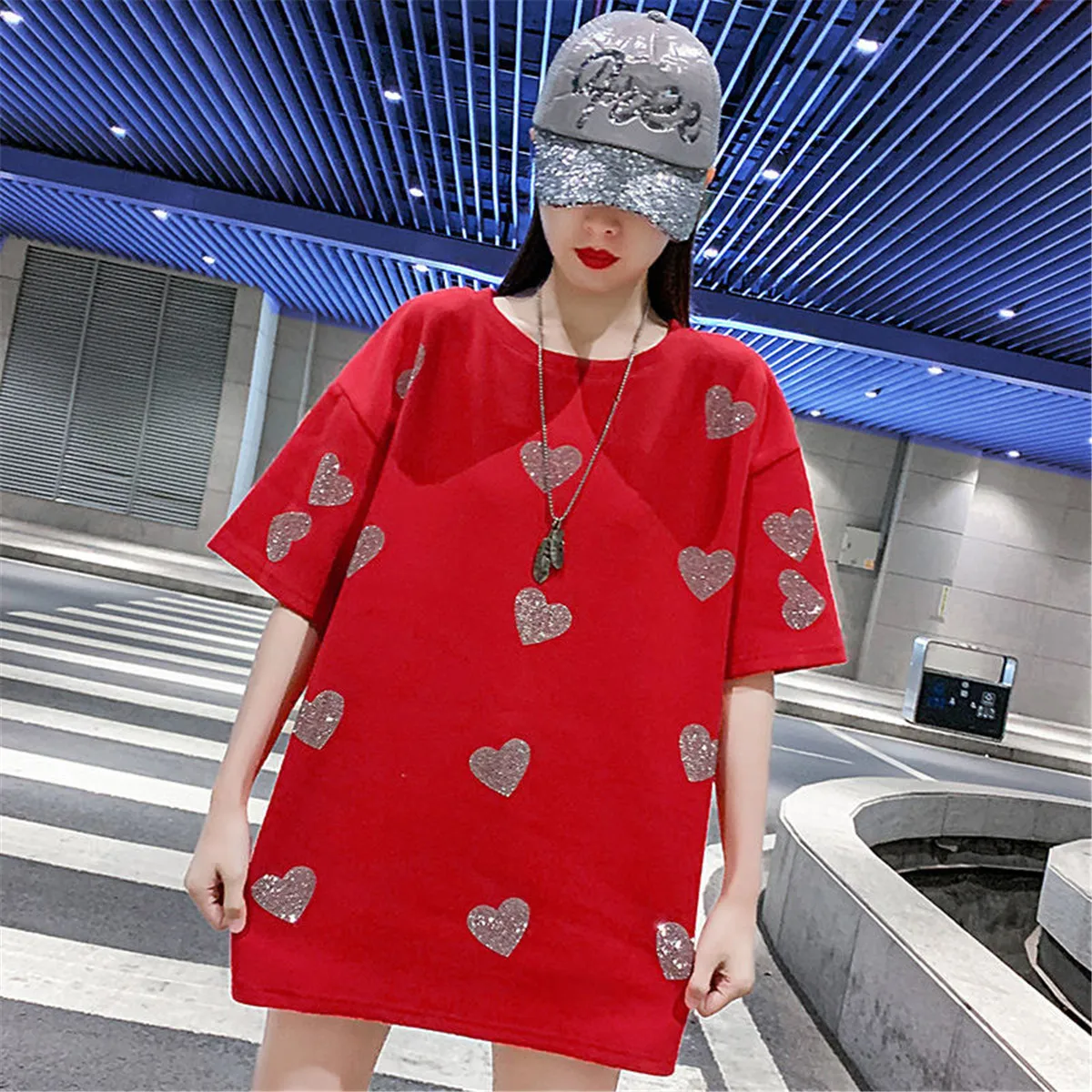 

Summer Cotton Diamonds Heart Print T Shirt Femme Gothic Tops Harajuku Loose Clothes High Street Oversized T Shirt Streetwear