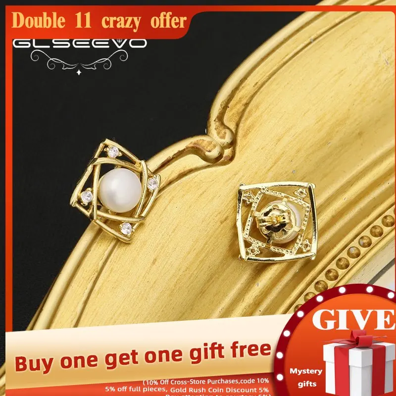 

GLSEEVO Natural Freshwater Pearls Quadrilateral Shiny Zircon Women's Stud Cute Hollow Designer Jewelry Anniversary gift