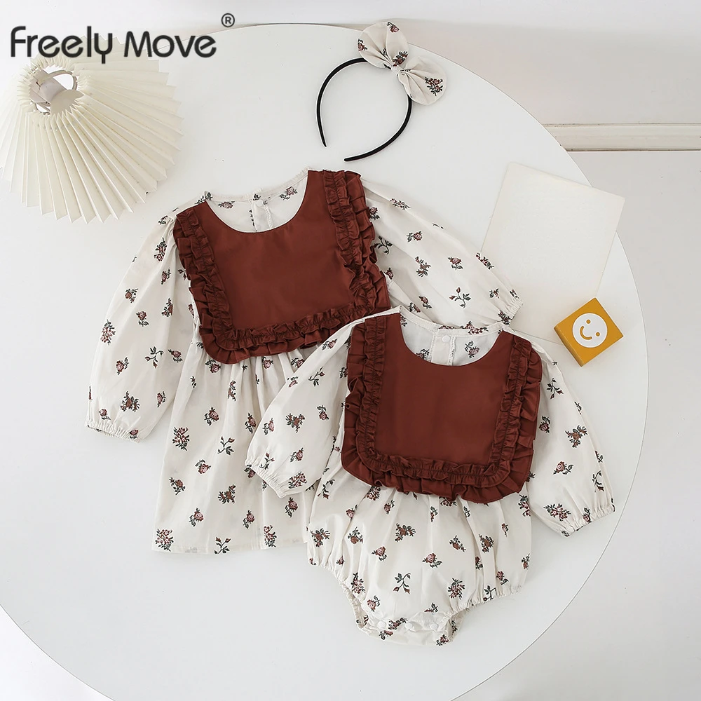 Freely Move Dress Baby Girl Autumn Floral Ruffle Girls Dress and Baby Romper Sister Matching Outfit Infant Children Clothing