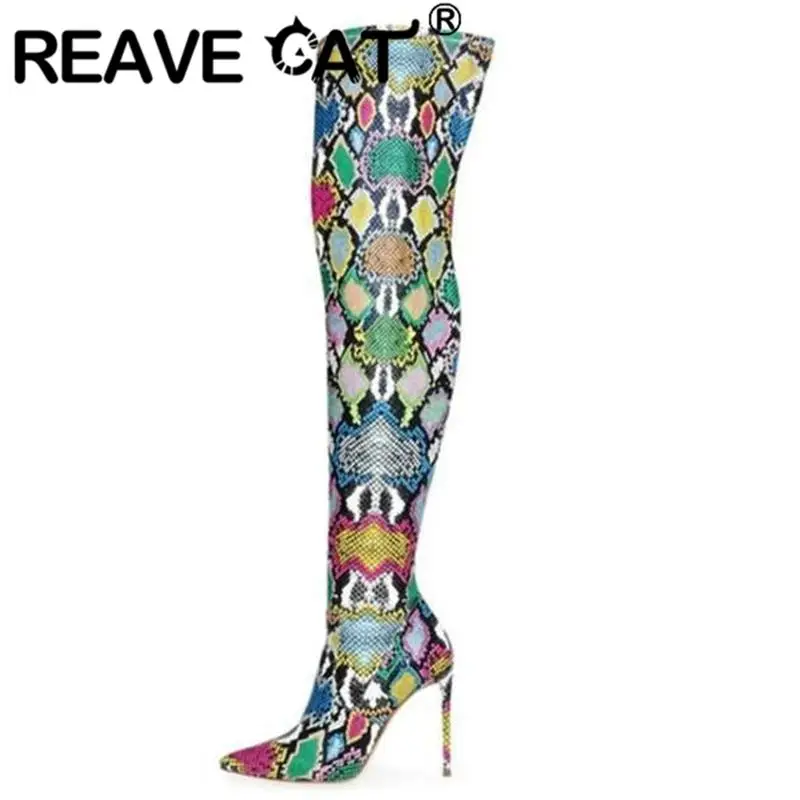 

REAVE CAT Fashion Over Knee High Boots 42cm Pointed Toe Thin Heels 11cm Boots Opening 38cm Zip Big Size 34-43 Mixed Party S4082