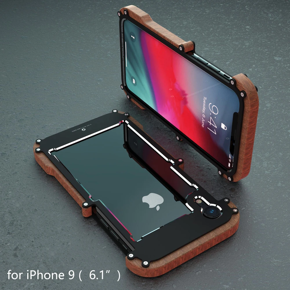 R-just For Iphone Xs Max Cover Case Luxury Hard Wood Metal Aluminum Alloy Armor Shockproof Phone Case For Iphone X Xr Back Cover