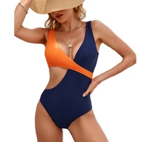 fs womens one pieces monokini bikini swimsuit swimwear women 2022 new side hollow cut out swiming wear navy orange patchwork