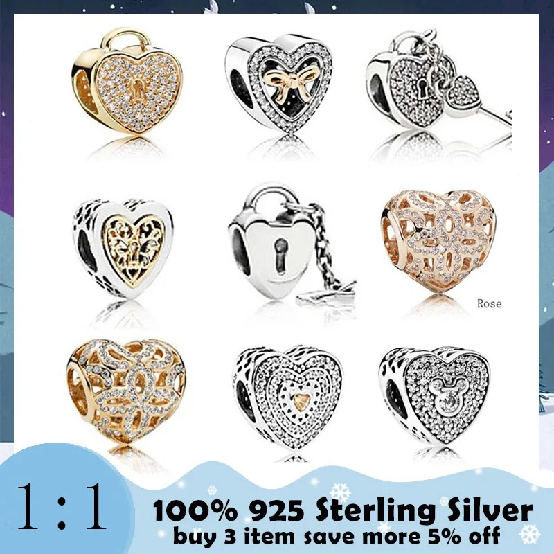 

High Quality 100%925 Sterling Silver Charm Heart Lock Beads Fashion Exquisite Diy Bracelet For Valentine's Day Gift