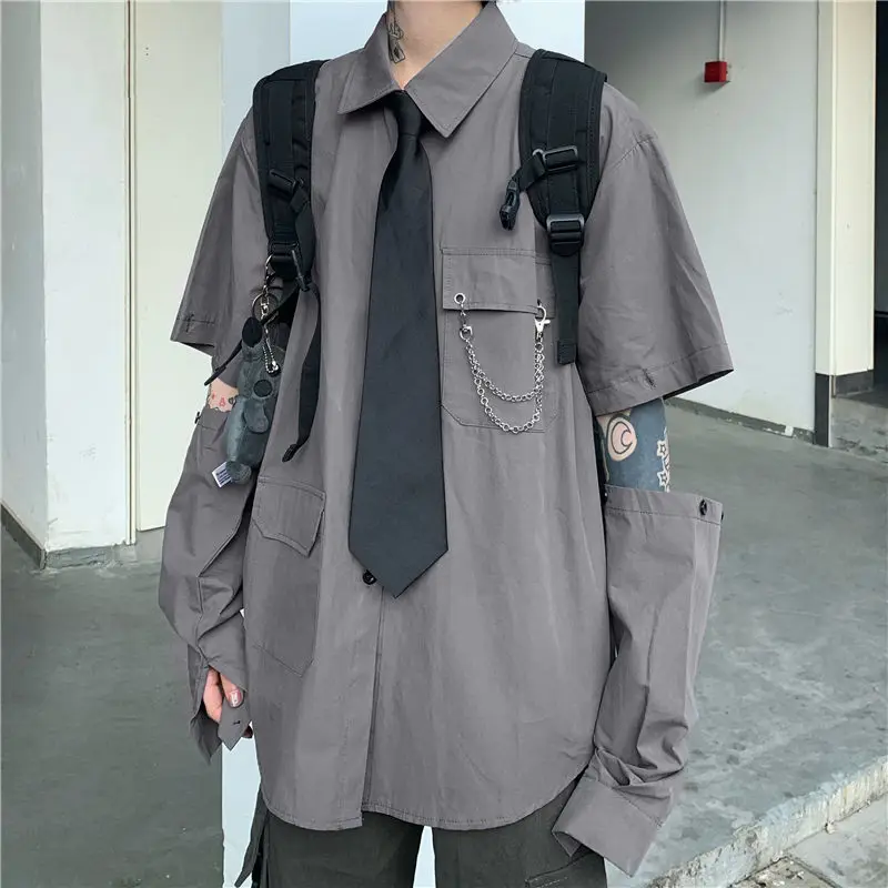 Gray Shirts Women Harajuku Detachable Sleeve Oversized Gothic Blouse with Tie Vintage Streetwear Punk Autumn Shirt Female