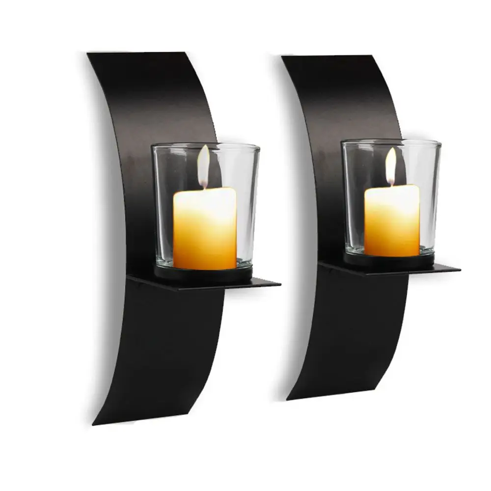 

2PCs Home Decoration Black Iron Restaurant Candle Holder Wall Mounted Candlestick Curved