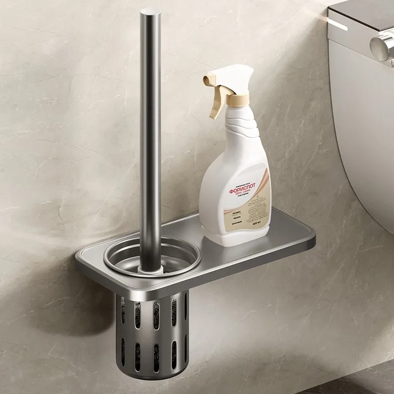 

Aluminum Wall Mounted Toilet Brush Holder With Shelf Space Grey Cleaning Brush For Household Toilet Bathroom Accessories