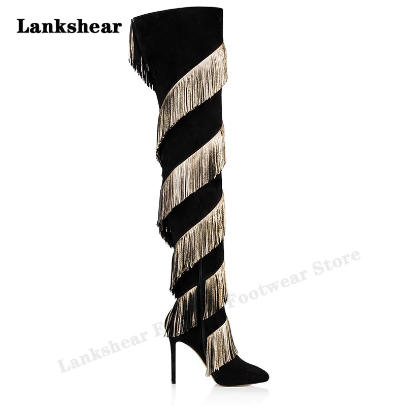 Black Suede Gold Pu Tassel Stiletto Thigh Boots Thick Heel Pointed Toe Western Style Long Boots Ladies Plus Size 34-46