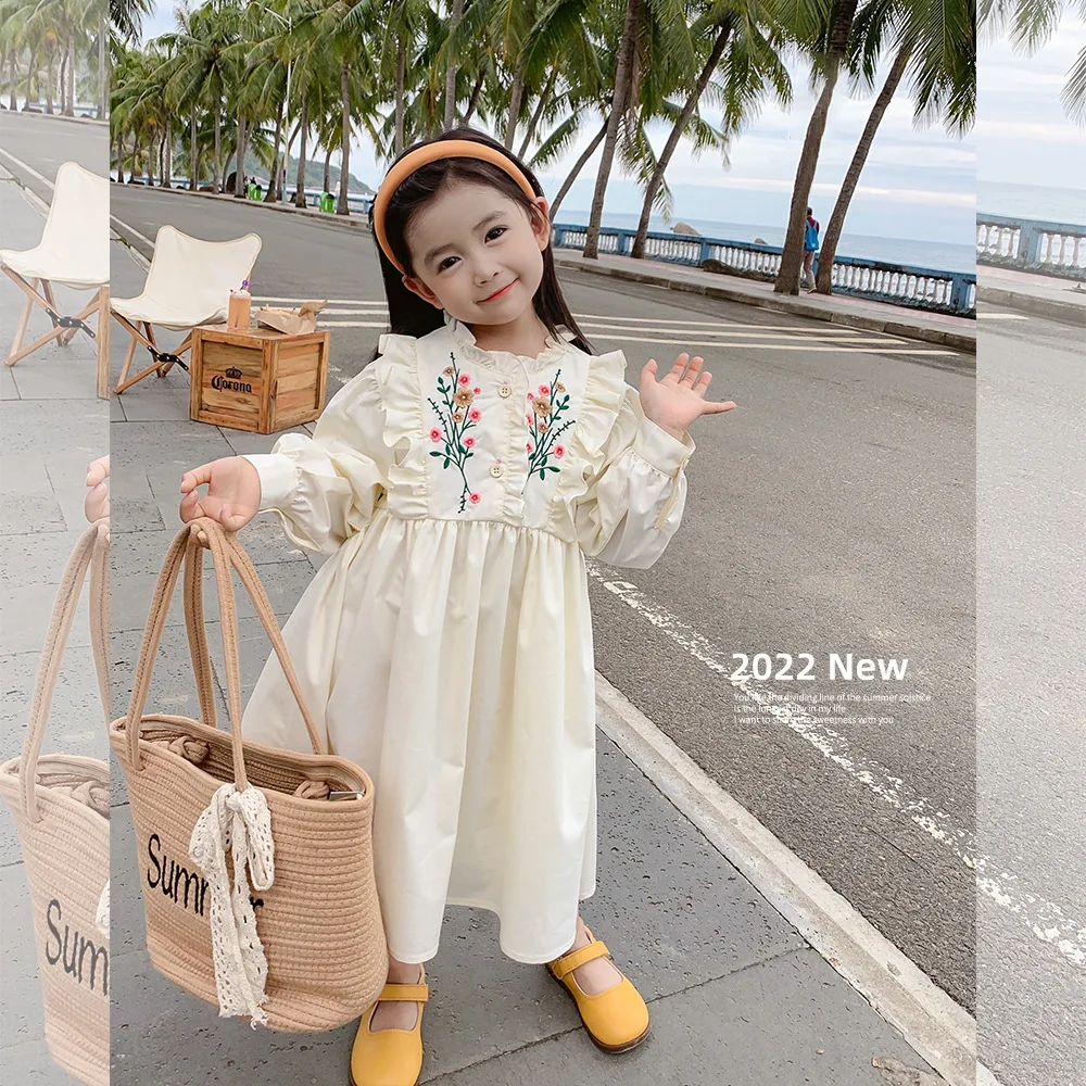 

Girls 2022 Spring New children's Fungus Stitching Embroidery Flowers European Retro Princess Dress Trendy Girls Dress 2-12y