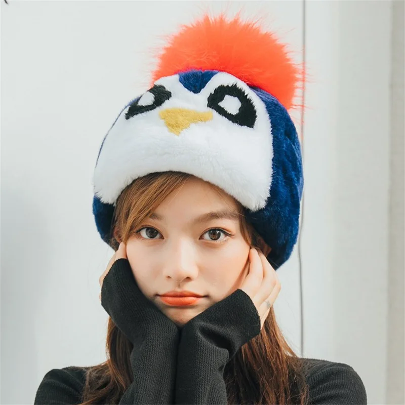 Fluffy Comfortable Women's Fur Hat Winter Luxury Rex Rabbit Fur Warm Hat Cartoon Design Cute Stylish Fur Hat