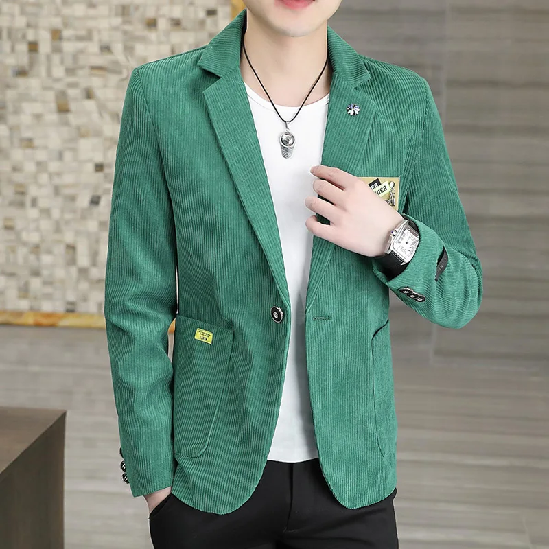 

2023Fashion trend high-end corduroy real pocket blazer men spring and autumn Korean version slim handsome new small suit men