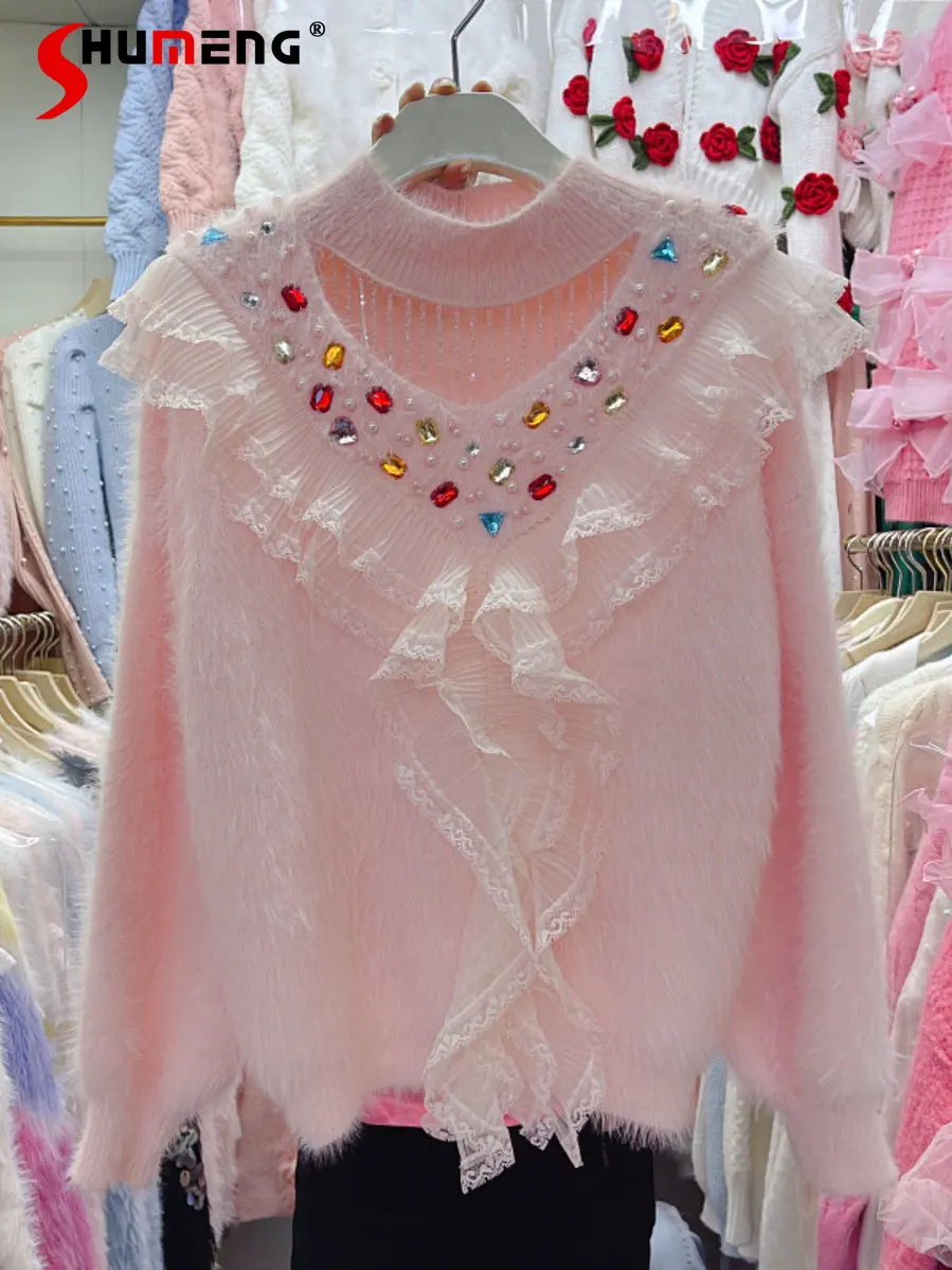 

New Korean Fashion Sweet Colorful Crystals Sweater Women's Fall Winter Fairy Elegant Halter Tassels Loose Slimming V-neck Top