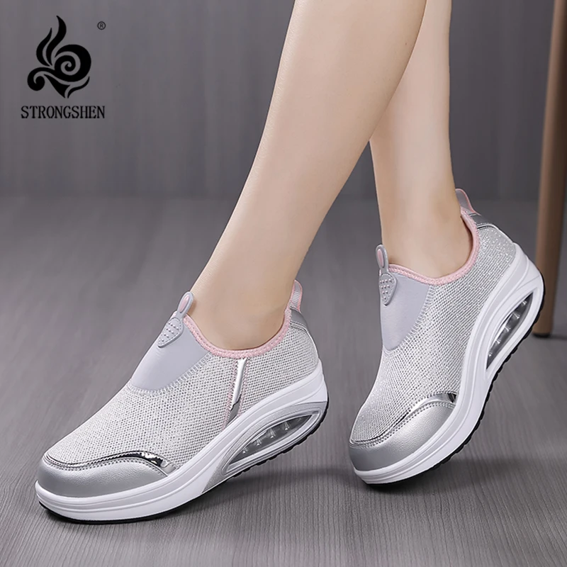 

STRONGSHEN Women Cushion Platform Elastic Casual Shoes Non-slip Tennis Shoes Sneakers Breath Walking Wedge Shoe Zapatillas Mujer