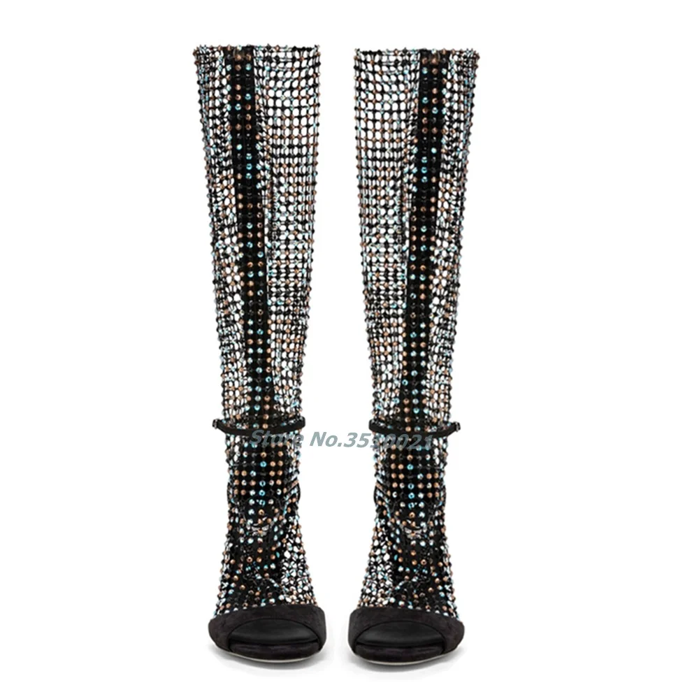 Peep Toe Crystal Hollow Stiletto Sandals Mesh Sequin Bling Roman Sexy Solid Color Banquet Party Shoes Zipper Summwe New Arrivals