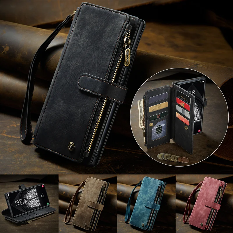 

Leather Case For Samsung S23 S22 S21 S20 Ultra S21FE S8 S9 Auto Closing Magnetic Zipper multi-card slot Flip Wallet Cover Casing