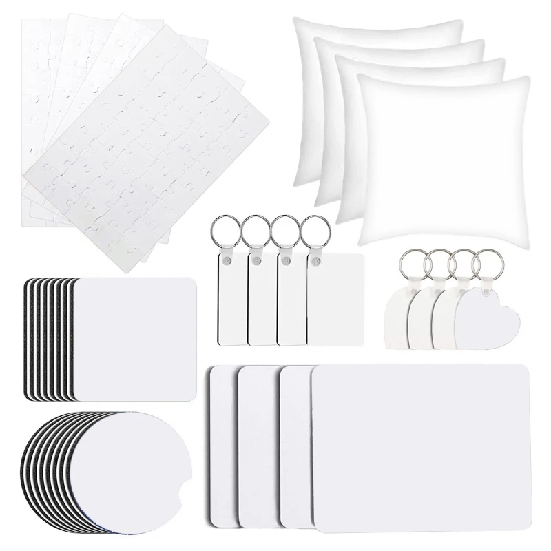 

40 Pcs/set Blank Keychains Cup Coasters Pillowcases Puzzle Mouse Pad for Sublimation Transfer Heat Press DIY Crafts