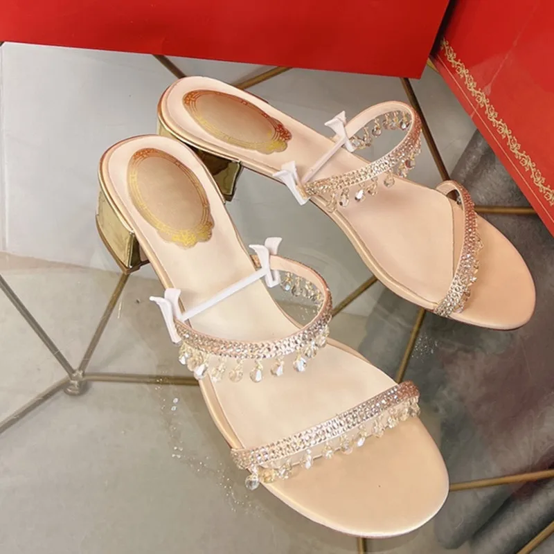 

Women's Thick Heeled Slippers with Beaded Diamond Crystal Pendant