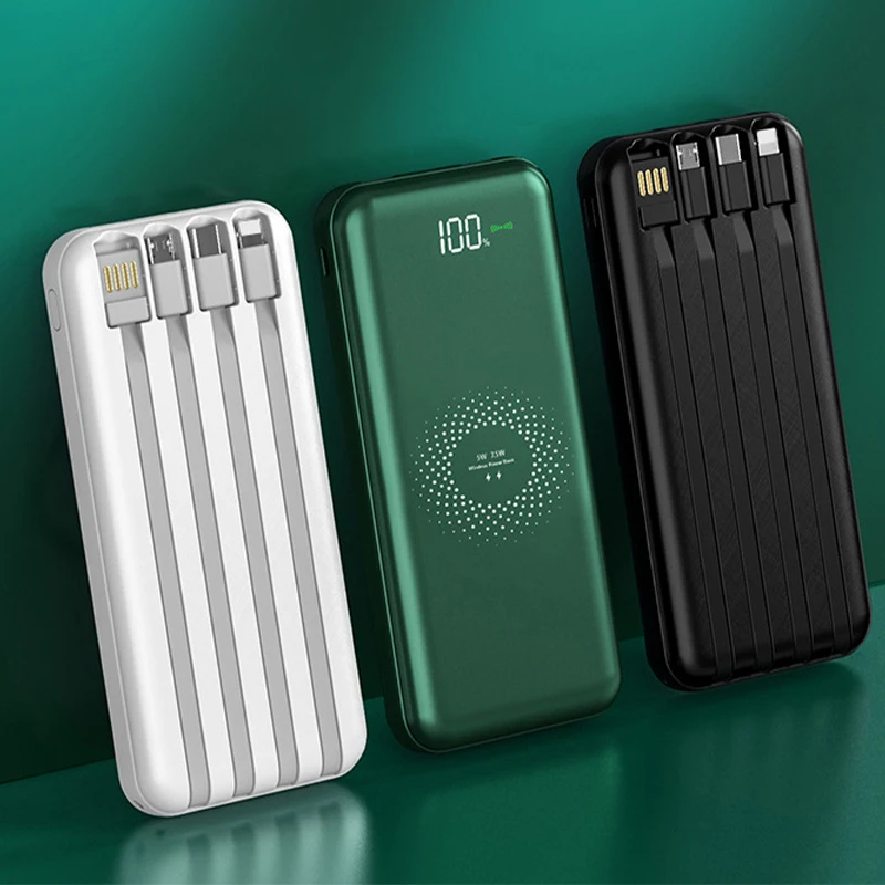 jtztf 10000 20000mah wireless charger portable powerbank built in 4 cables external battery charger suitable for smartphone free global shipping