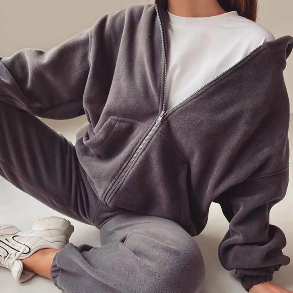 

2Pcs/Set Trendy Casual Outfit Zipper Placket Thickened Sweatshirt Pants Set Hooded Loose Fit Female Tracksuit Outfit
