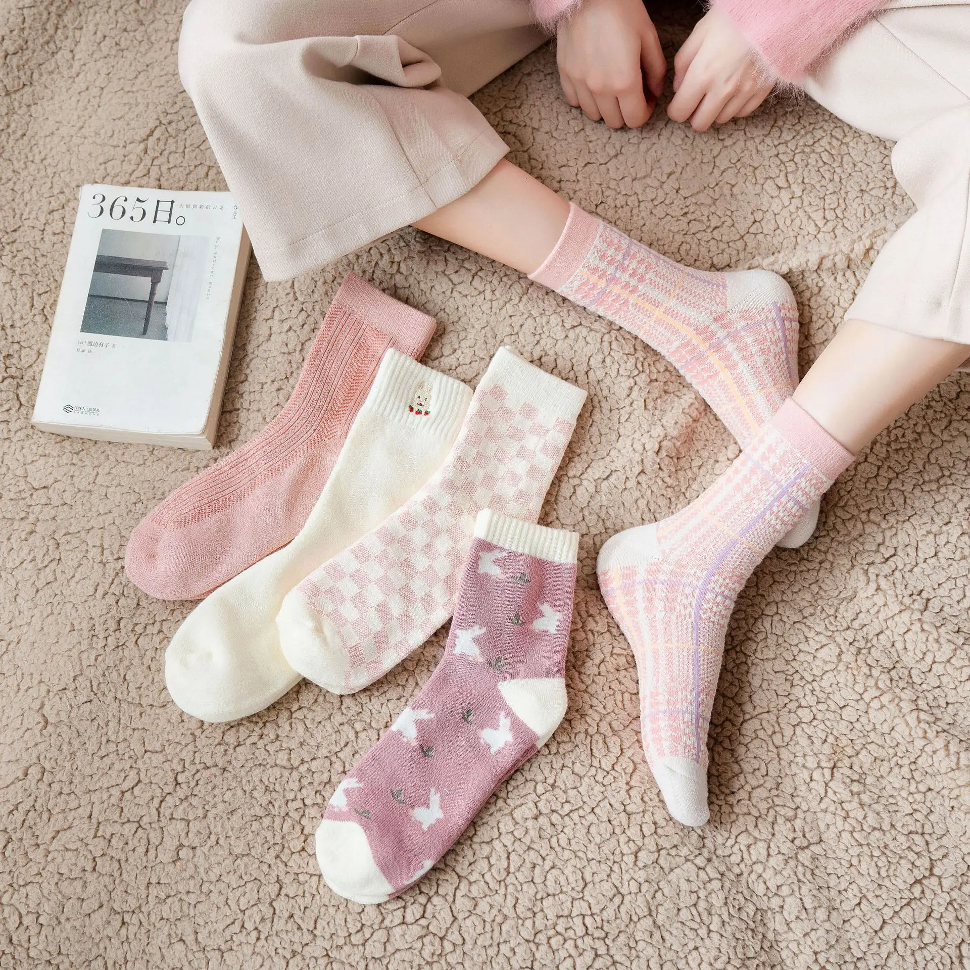 Winter Houndstooth Plaid Checker Jacquard Crew Socks Cotton Solid Knee High Floral Cherry Ankle Socks 5 Pairs/ Lot