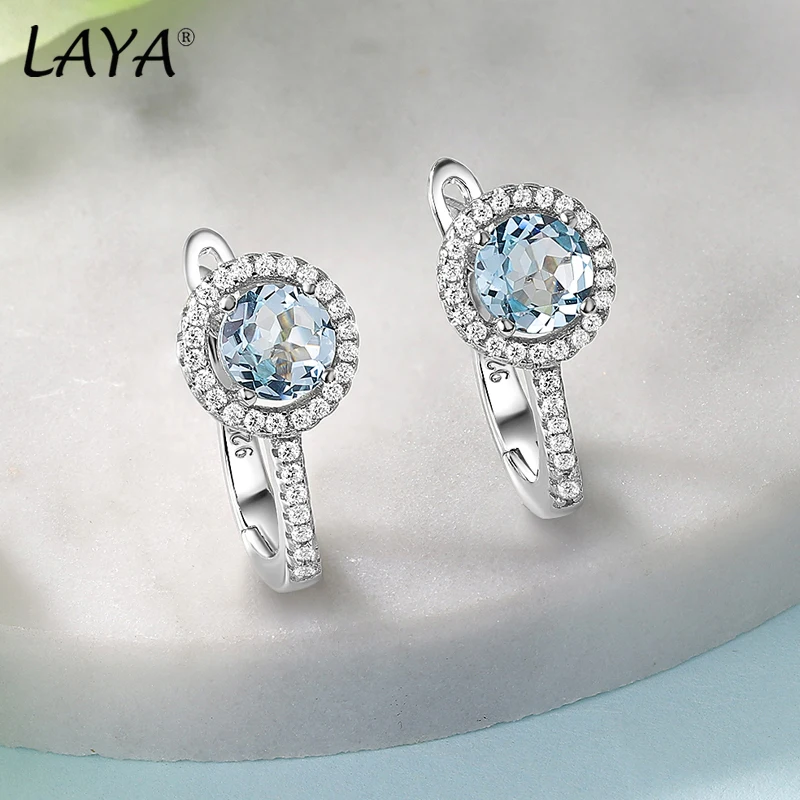 

LAYA 925 Sterling Silver Round Brilliant Cut Gemstone Natural Sky Blue Topaz Earrings For Women Wedding Engagement Fine Jewelry