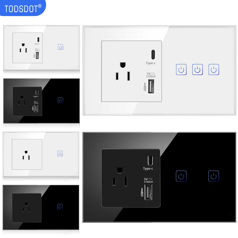 

US Pop Touch Switch Socket Hybrid Type 146 mm Crystal Glass White / Black Panel German Bayer Flame Retardant UL 94 V-0 Base