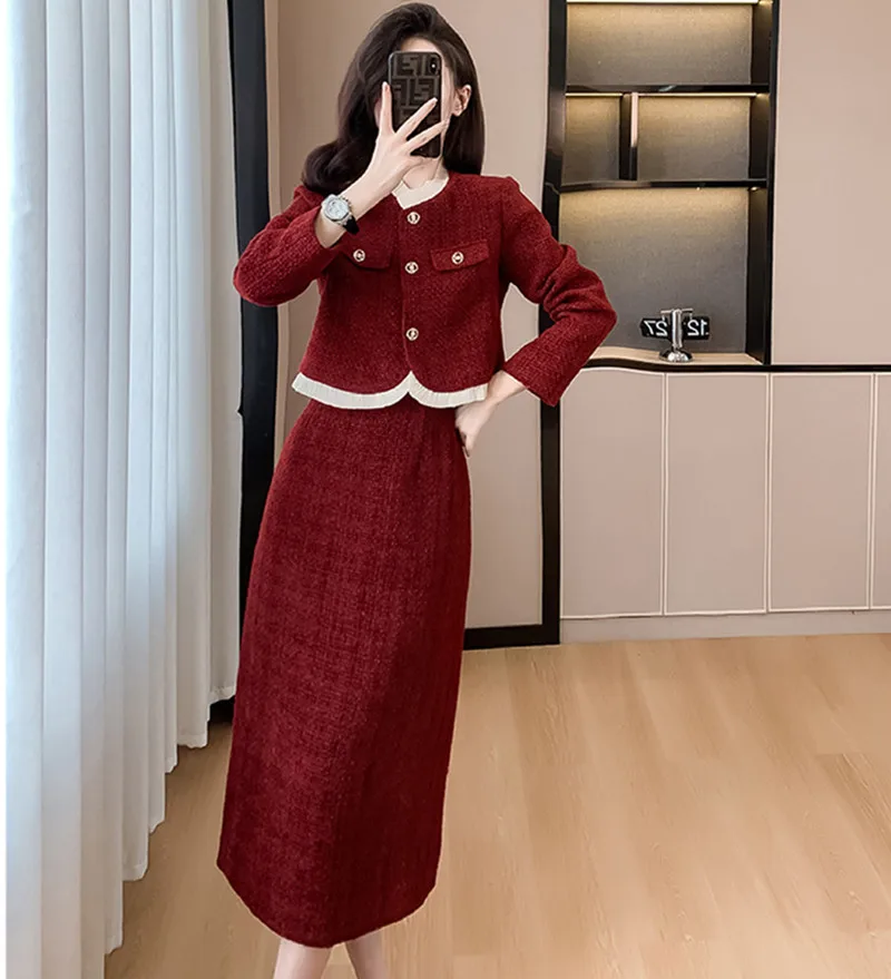 

High Quality French Vintage Small Fragrant Tweed Two Piece Set Women Short Jacket Coat+Skirt Suits Autumn Winter 2 Piece Sets