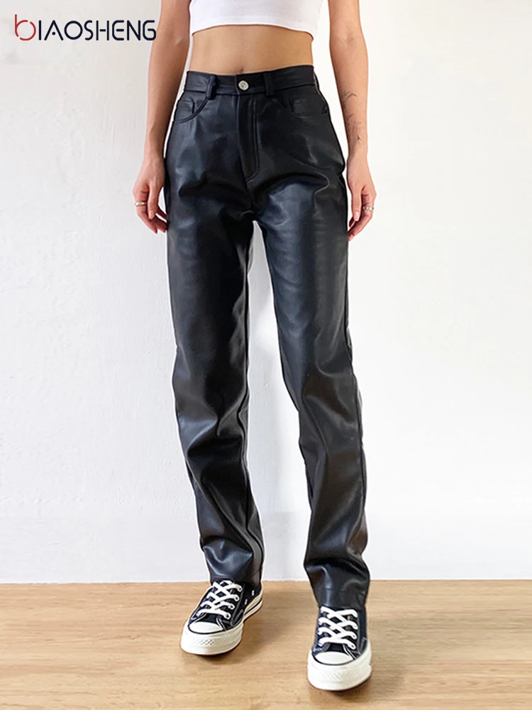 

Женские прямые широкие брюки из искусственной кожи с высокой талией, повседневные однотонные брюки из искусственной кожи с карманами, пикантные мешковатые кожаные брюки Y2k