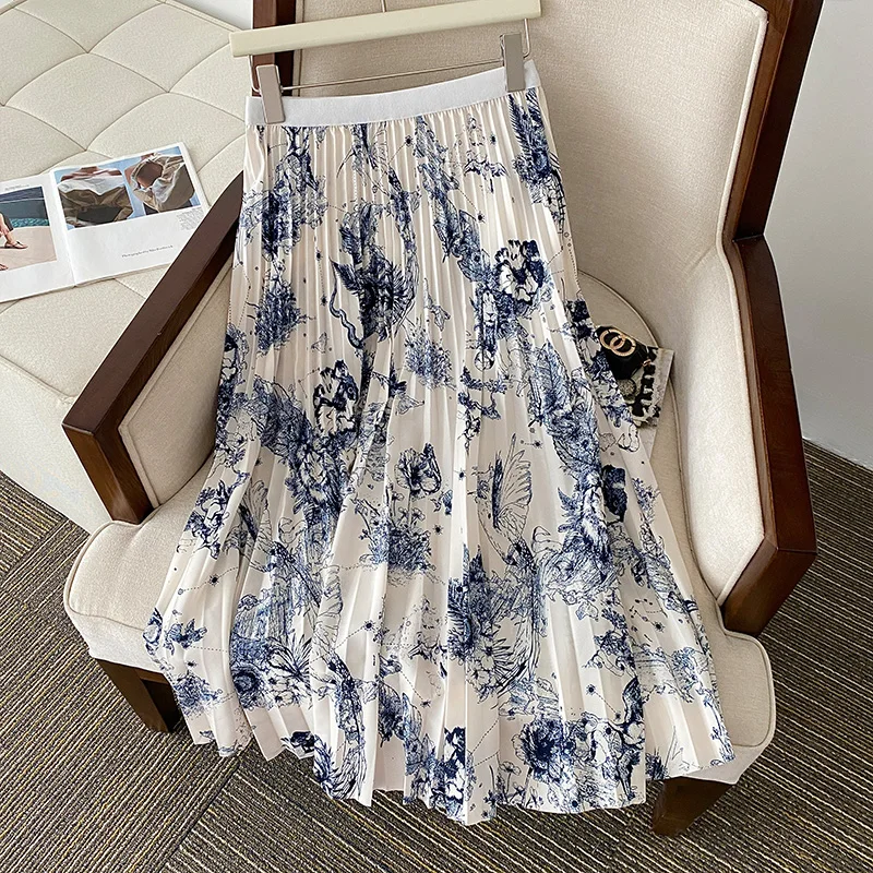

YCMYUNYAN 2023 New Folds Skirt Spring/summer Floral High Waisted Loose A-LINE High Street Chiffon Print Women Pleated Skirts