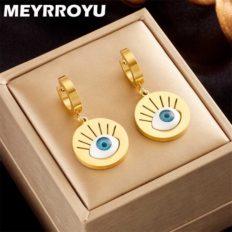 

MEYRROYU 316L Stainless Steel 2022 New Green Eyes Round Pendant Statement Drop Earrings For Women Party Gift Brinco Bijoux