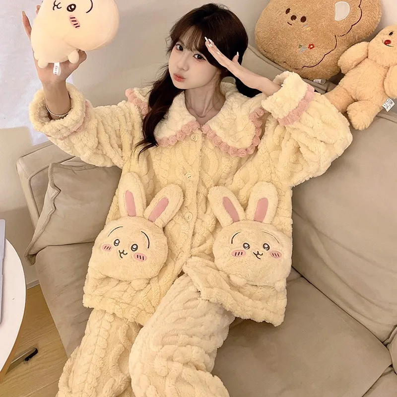 Chiikawa USAGI мягкий пижамный комплект с длинными рукавами Hachiware плюшевый кардиган для