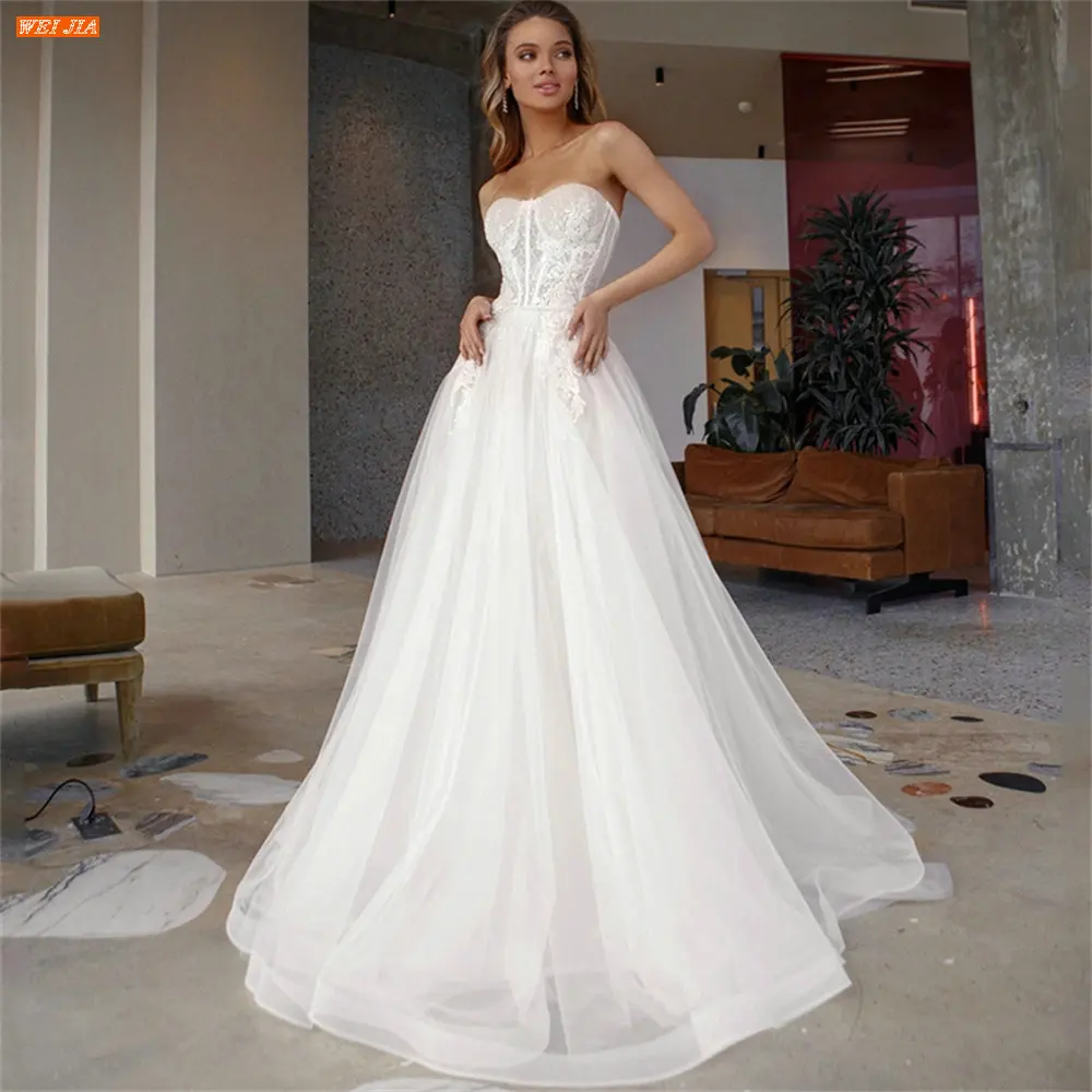 

WEIJIA Boho Strapless A Line Wedding Dress Robe de Mariée Sleeveless Backless Lace Appliques Tulle Bridal Gown Vestidos De Novia