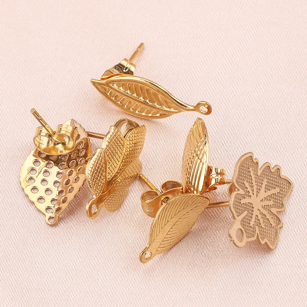

10pcs Gold Stainless Steel Stud Earring with Hole Hooks Leaf Drop Fashion Earrings for DIY Jewelry Making Findings Supplies