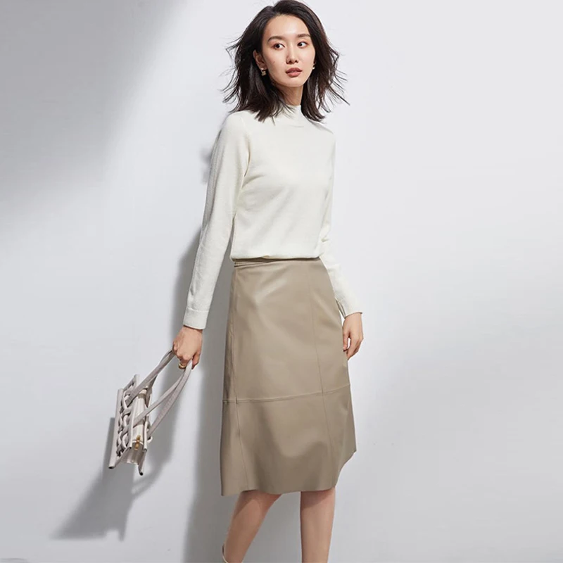 

New Fashion Women's High Waist Thin Extra Soft Genuine Sheepskin Leather Skirt Spring and Summer Black Slit Knee-Length Skirt
