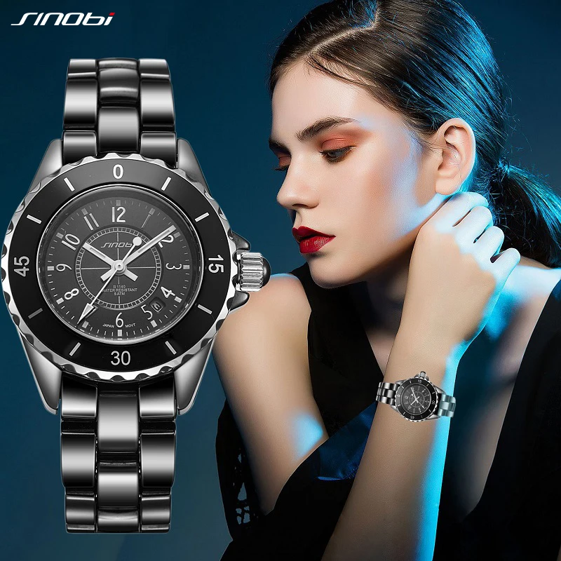 SINOBI Top Luxury Women's Watches Fashion Brand Woman Quartz Wristwatches Ceramic High-End Quality Ladies Clock Relogio Feminino