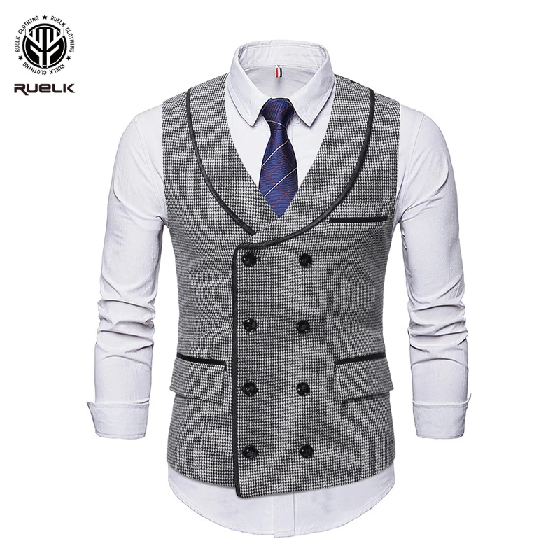 

Men Suit Vest Fashion Plaid Print Business Jacket Fashion Casual Classic Men's Self-cultivation Double-Breasted Male Vest Jacket
