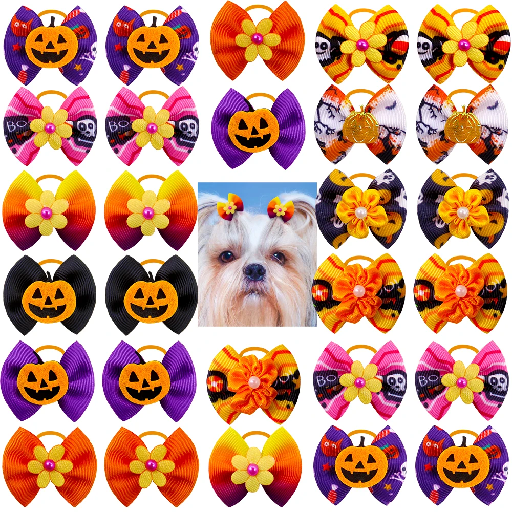 

60PCS Pet Dog Puppy Hair Bows with Cute Pumpkin/Flowers Dog Hair Accessory Dog Grooming Bows with Rubber Bands