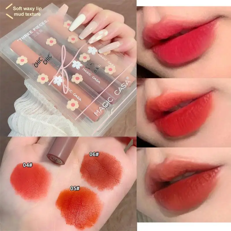 

3pcs Lip Gloss Set Glossy Lip Color Creamy Velvet Matte Color Lip Tint Lasting Lips Makeup Maquiagem Cosmetics TSLM1
