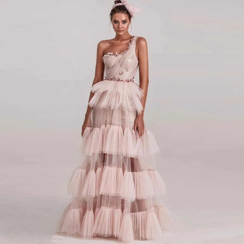 

Pink Layered Dresses Bride Tulle Beaded Crystal robe de mariée Bridal Gowns Transparent See Thru Sleeveless vestido de noiva